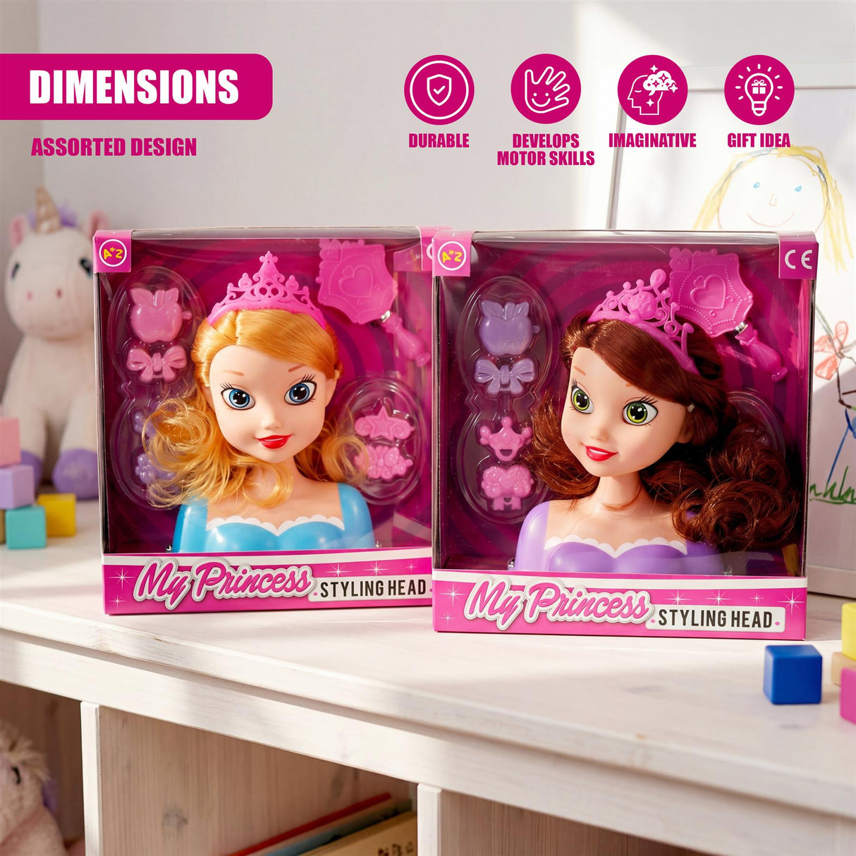 Two packaged doll styling heads display assorted hairstyles and various plastic accessories.