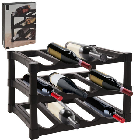 This image shows a wine storage rack from Geezzy, holding twelve bottles of wine in individual slots on each tier. It is a three-tier stackable rack designed to store and organize wine bottles.