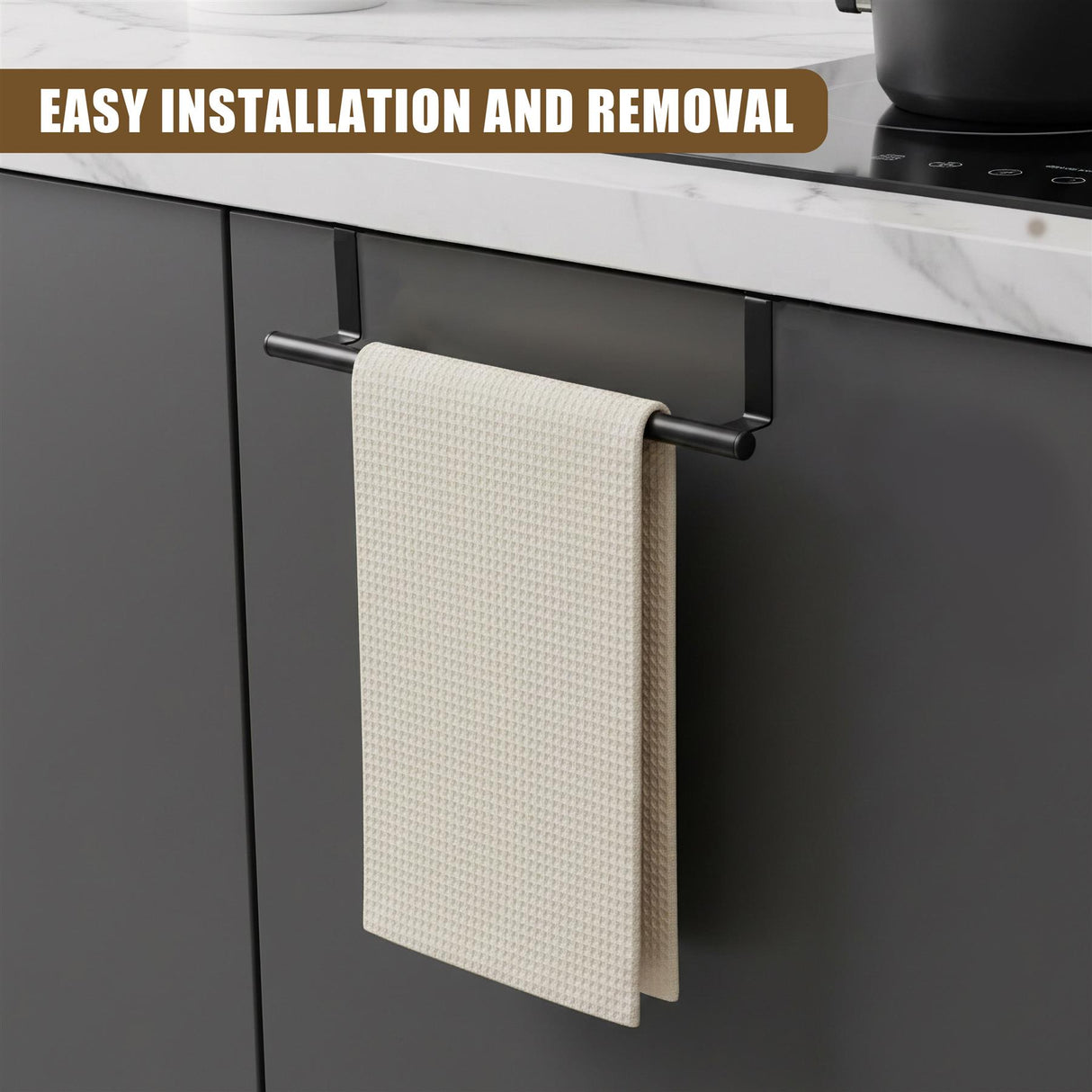 Towel rack mounted on a kitchen cabinet holding a beige, folded cloth.