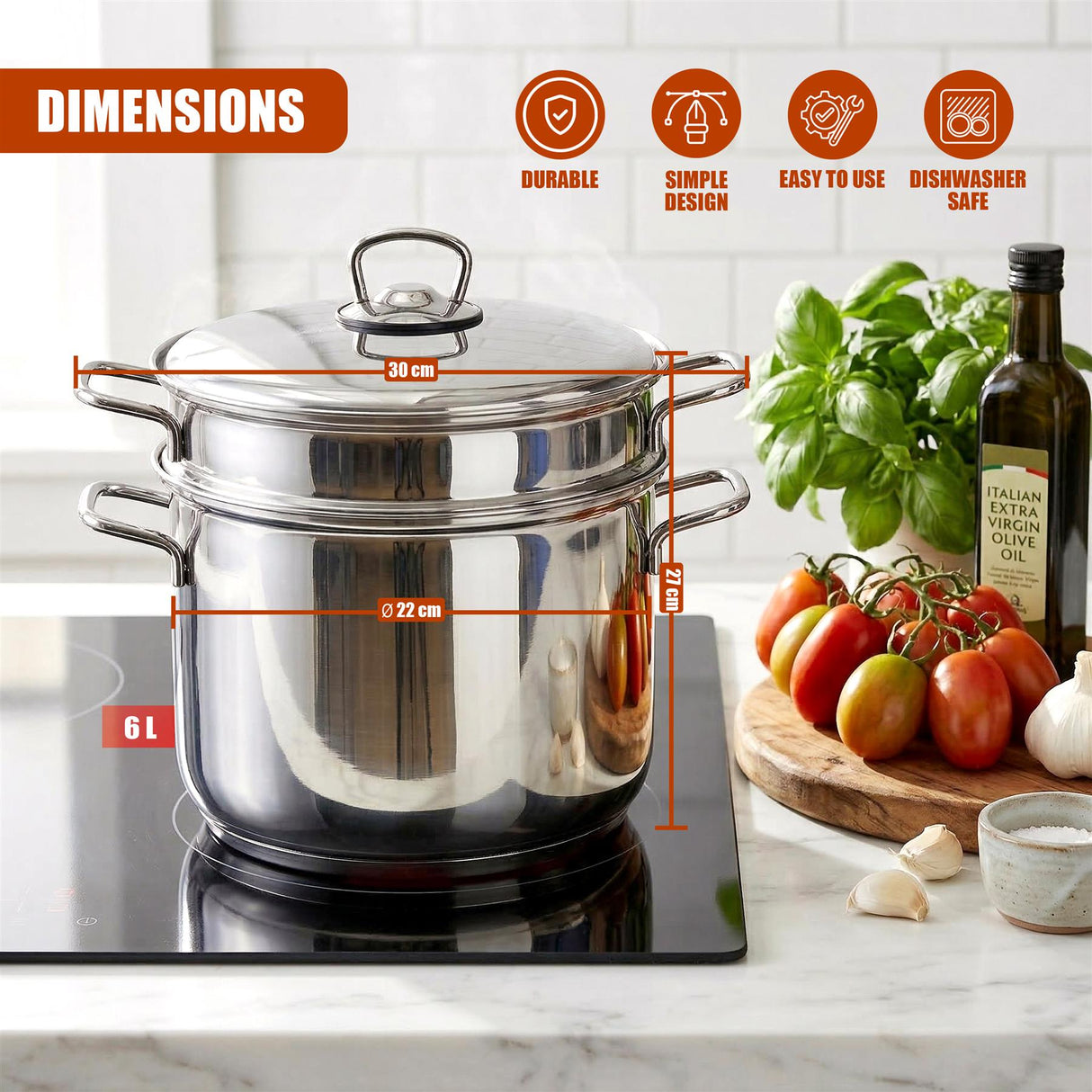 Stainless steel pasta pot with lid, showing dimensions, rests on a stove near ingredients.