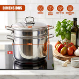 Stainless steel pasta pot with lid, showing dimensions, rests on a stove near ingredients.