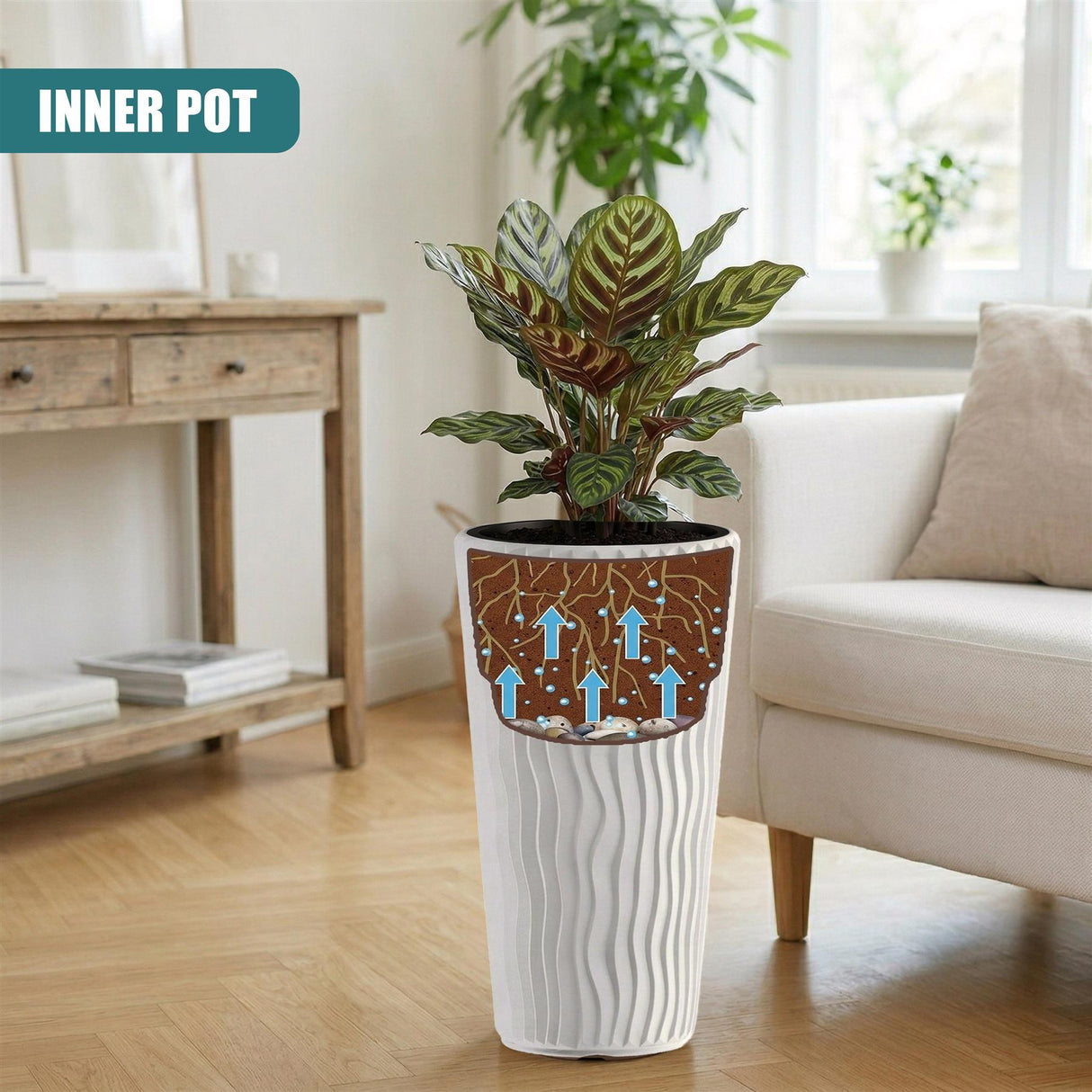Tall white pot with vertical ribbed texture and a patterned decorative brown and blue arrow band.