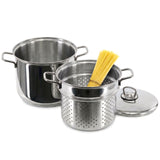 A set of stainless steel pots, a perforated colander, and a lid displayed with raw spaghetti noodles.