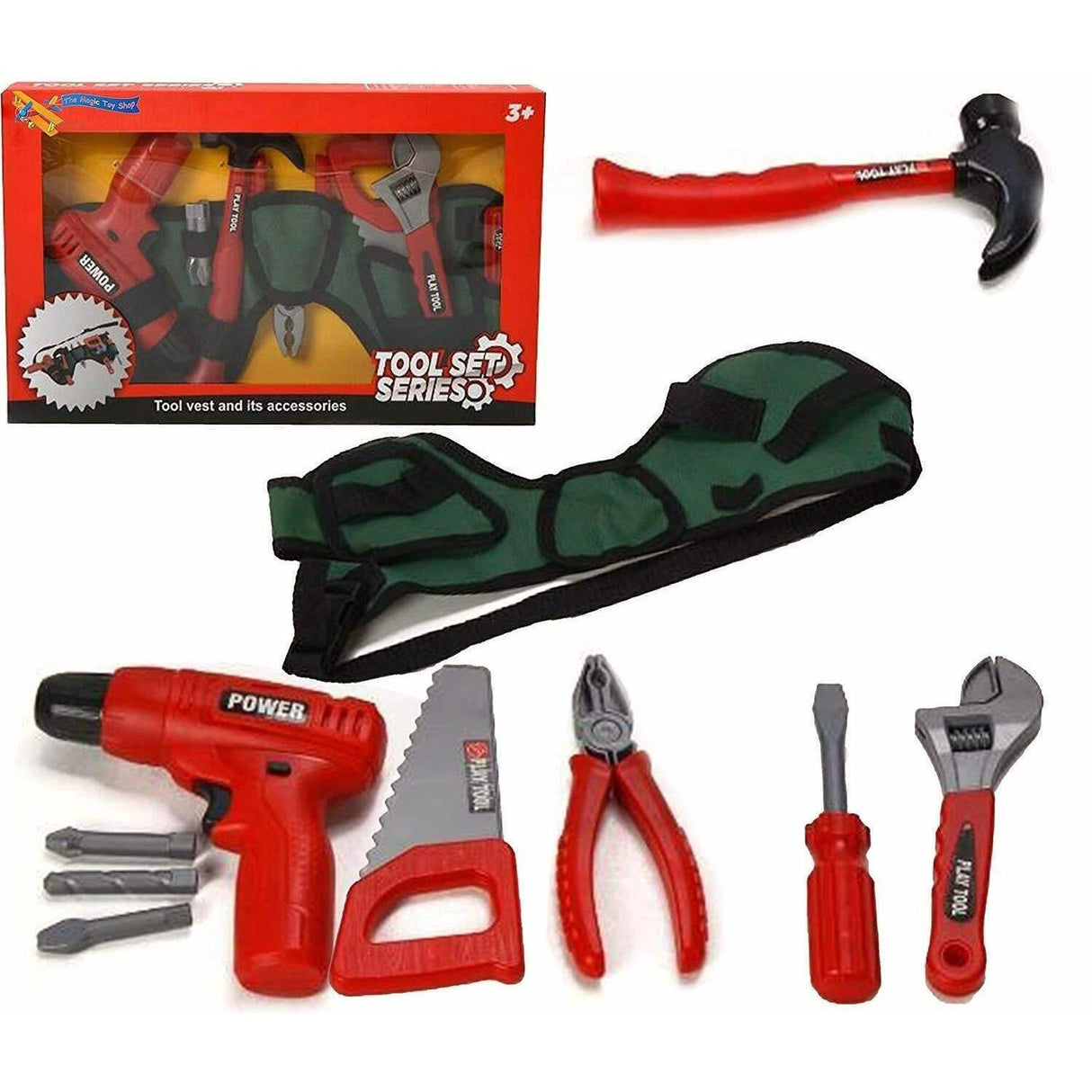 A toy tool set with a green tool pouch and various tools, including a hammer, pliers, screwdriver, and more. - UKBuyZone