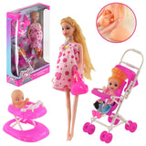 Doll set includes pregnant figure, bassinet, pram, accessories, and doll clothing.