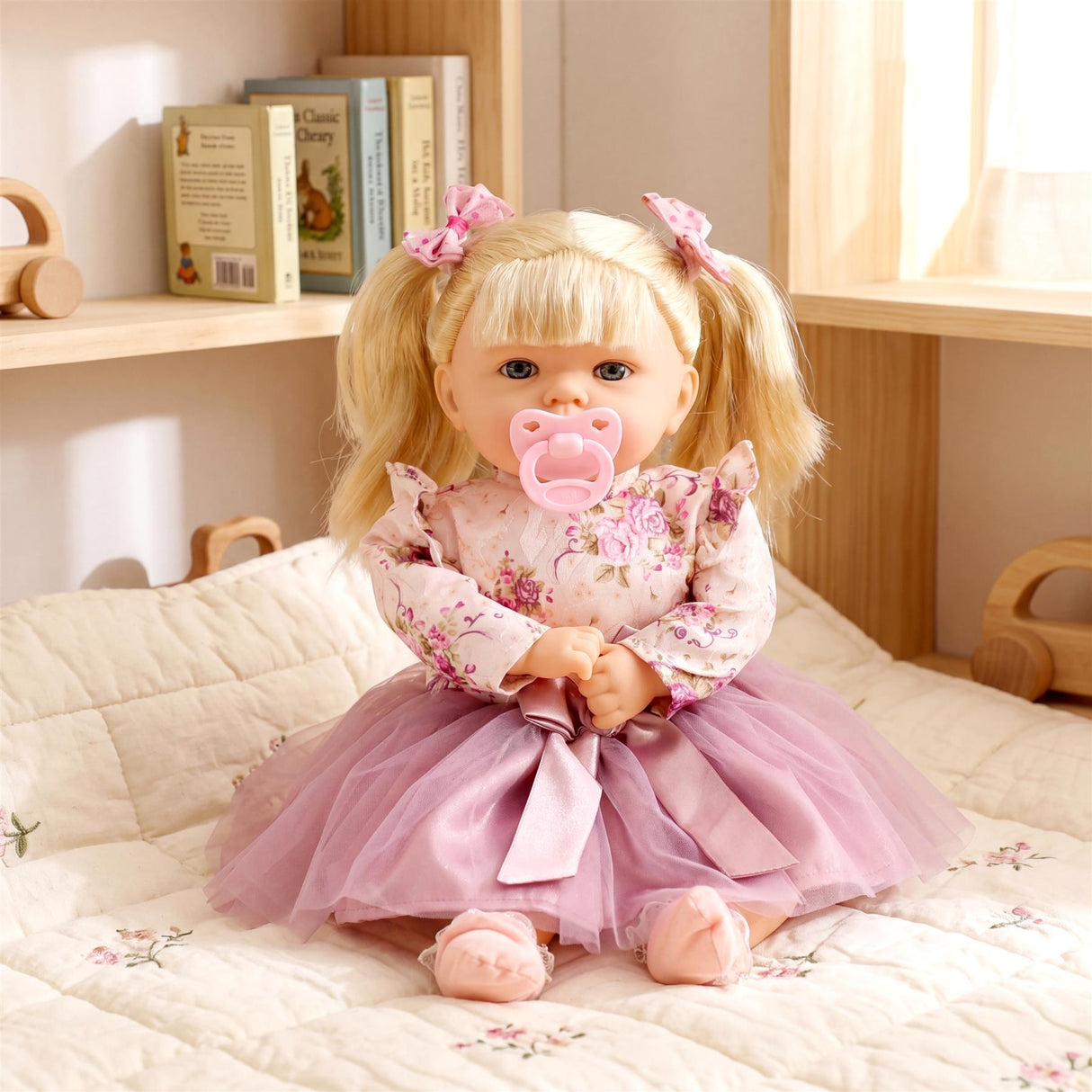 Blonde doll in a floral pink dress with pigtails sits on a patterned, cream-colored bedspread.