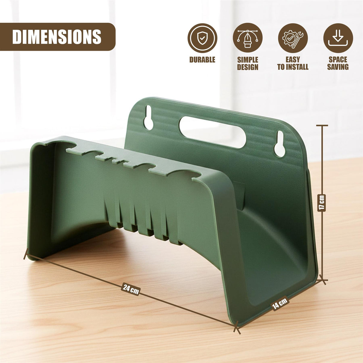 A green hose holder bracket measuring 24 by 14 by 17 centimeters, shown on wood.
