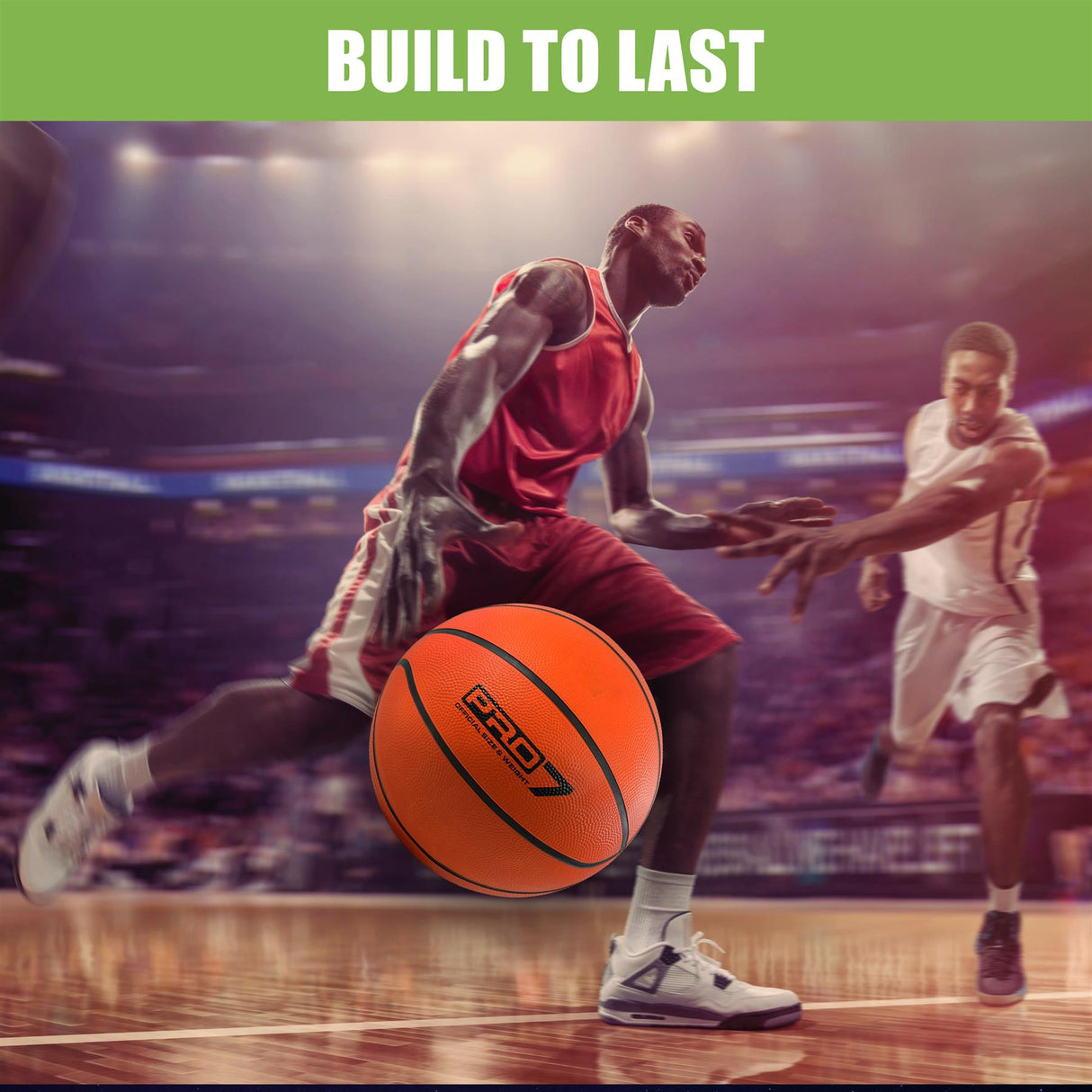 A classic orange basketball with white stripes on a court.