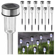 Set displays multiple styles of solar stake lights and one vertical solar pole fixture.
