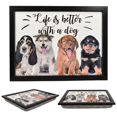 A framed wall art featuring a playful dog quote "Life is better with a dog" surrounded by a playful dog illustration. - UKBuyZone