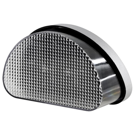 Semi-circular outdoor light featuring a textured, diamond-patterned metal grille face and smooth edges.