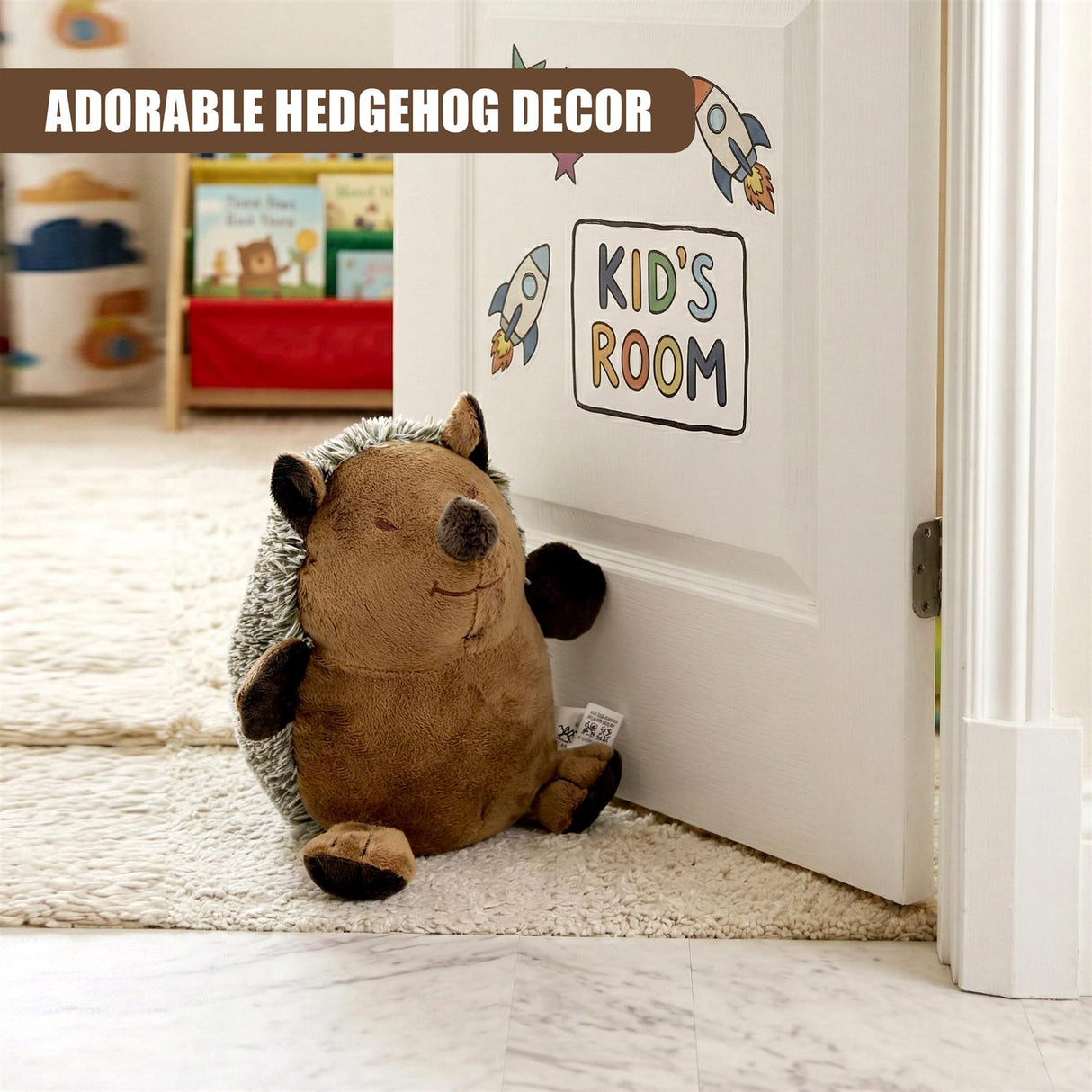 Plush brown hedgehog door stopper resting on a rug by a white interior door.