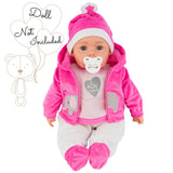 Doll in a pink hooded set featuring white pants and elephant designs.