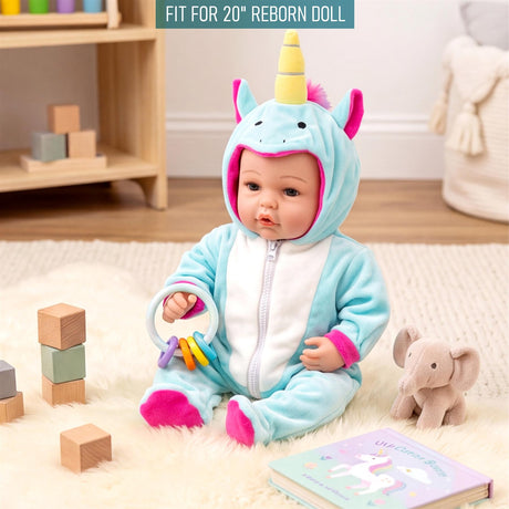 Doll in a light blue unicorn hooded outfit sits next to wooden blocks and a small plush toy.