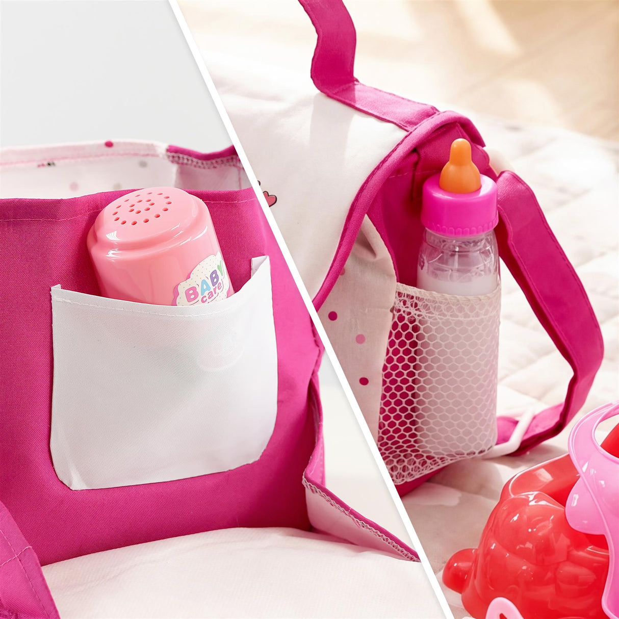 Pink changing bag interior showing pocket space, a care item, and a baby bottle accessory.