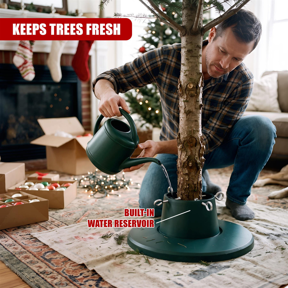 A man in a plaid shirt and jeans pours water into a green adjustable Christmas tree stand with a built-in reservoir, set