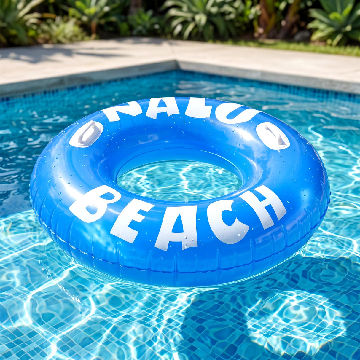 Blue inflatable ring featuring white text reading "ONALO BEACH," floating in a swimming pool.