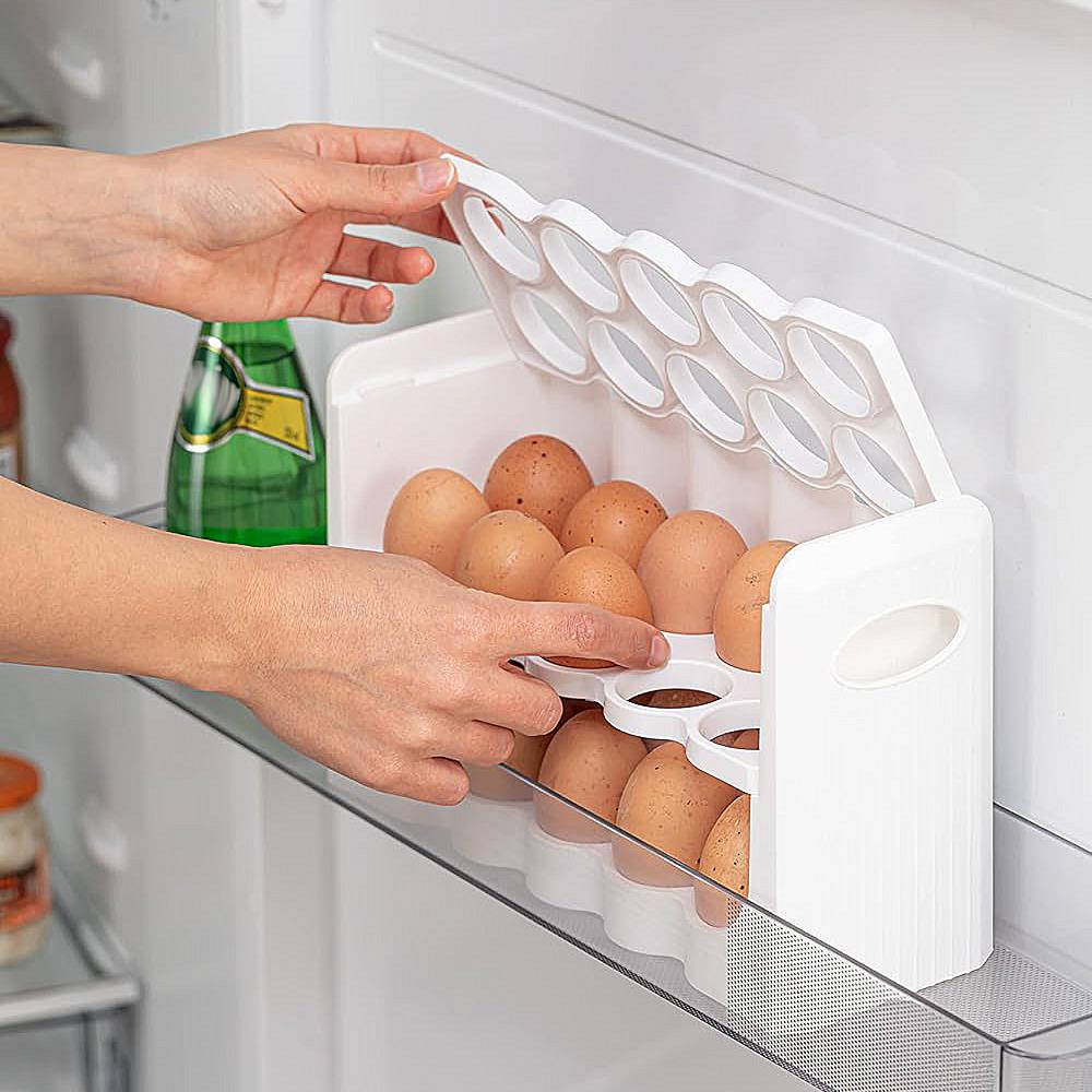 A white egg tray on refrigerator shelf.