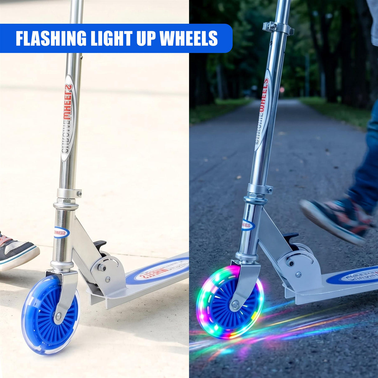 Blue scooter with illuminated wheels shown both stationary and moving outdoors.