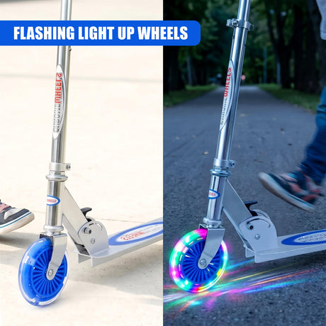 Blue scooter with illuminated wheels shown both stationary and moving outdoors.