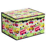 The Magic Toy Shop Road Works Large Storage Box features a green fabric surface decorated with buses, tractors, signal