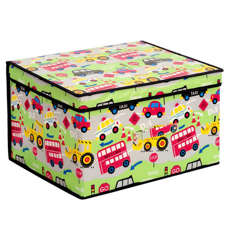 The Magic Toy Shop Road Works Large Storage Box features a green fabric surface decorated with buses, tractors, signal