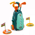 A green golf club carrying case holds plastic clubs, flags, a ball, and yellow targets.