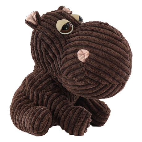 A brown corduroy hippo doorstopper with large eyes and pink inner ears sitting against a white background
