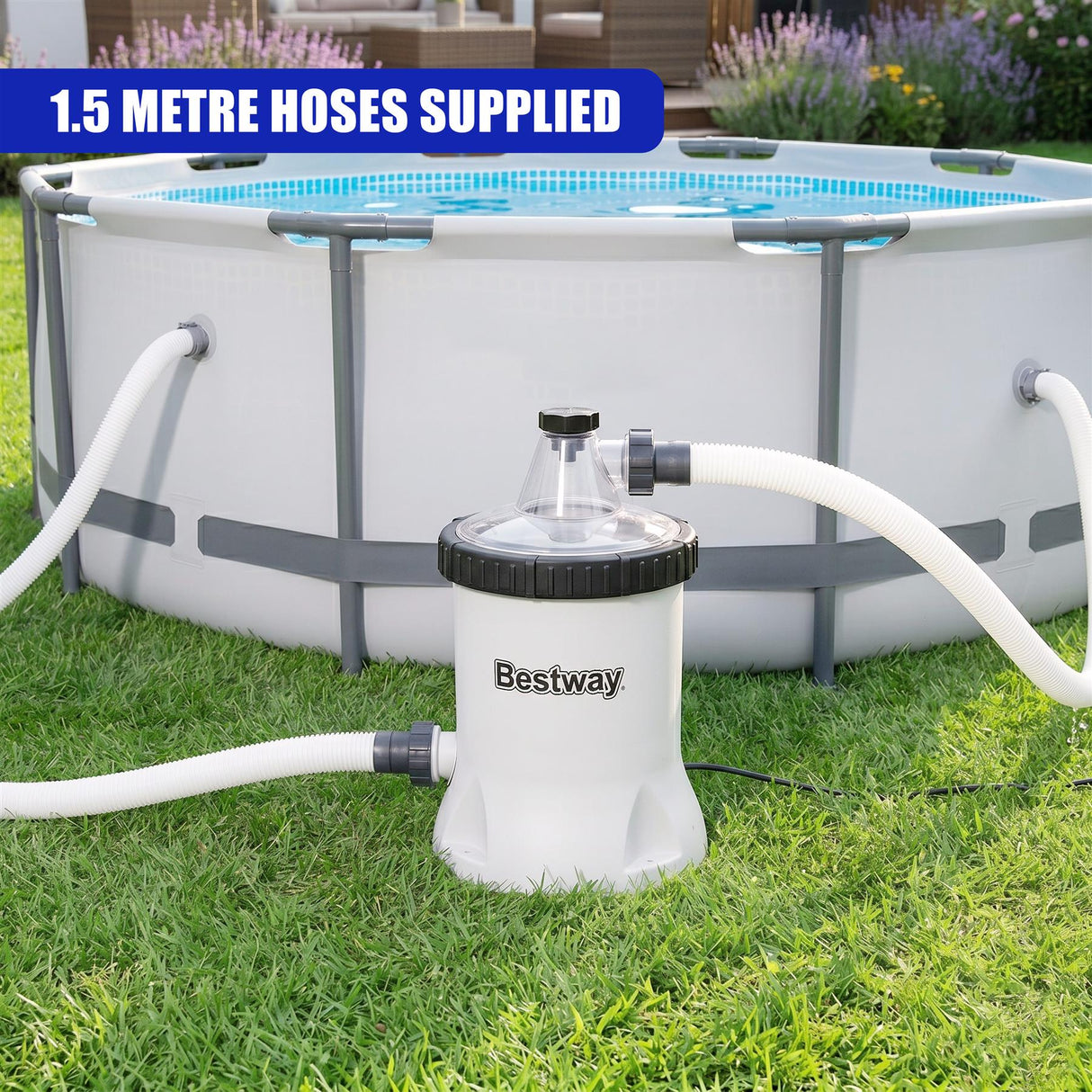 An above-ground pool setup with a white filter pump and attached hoses.