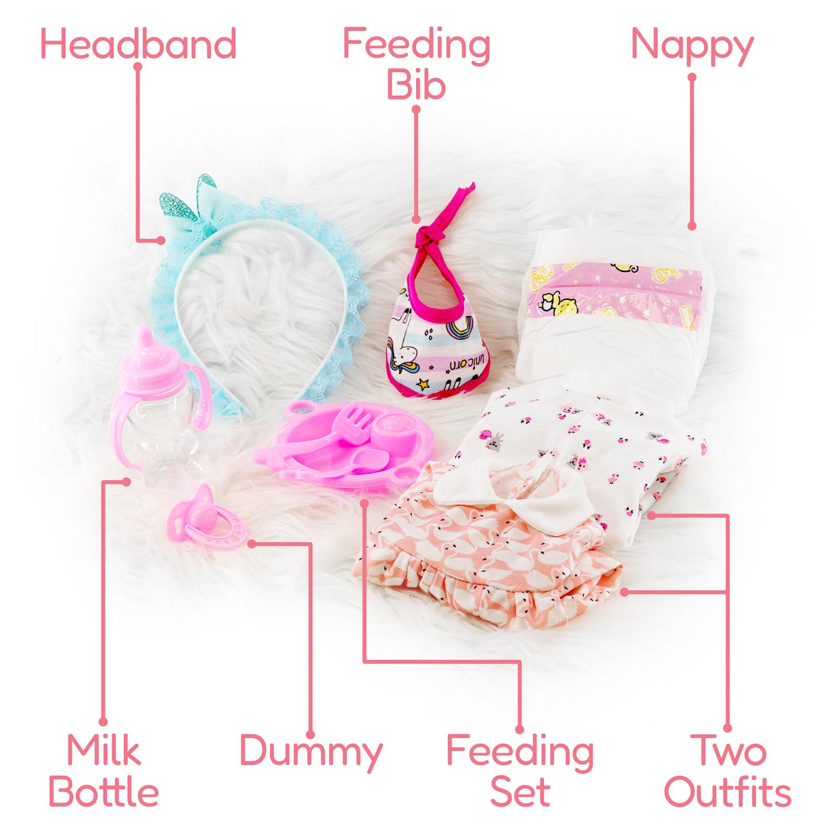 A doll accessories set including a headband, bib, nappy, milk bottle, pacifier, feeding set, and two outfits.