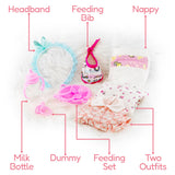 A doll accessories set including a headband, bib, nappy, milk bottle, pacifier, feeding set, and two outfits.