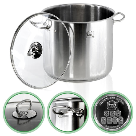 This is an image of a large, silver-colored stock pot with a glass lid and handle. It features multiple handles on both sides, indicating that it can be used for cooking or serving purposes. The pot is placed against a white background, highlighting its shiny surface. The glass lid suggests that the pot is designed to retain heat or keep food contained within it. This is a product image intended to showcase the item clearly and attractively for potential buyers. - UKBuyZone