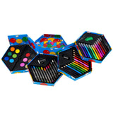 This multi-compartment art kit holds markers, crayons, colored dot daubers, and implements in plastic trays.