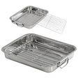 Stainless steel roasting tray set with removable wire cooling rack for baking or cooking.