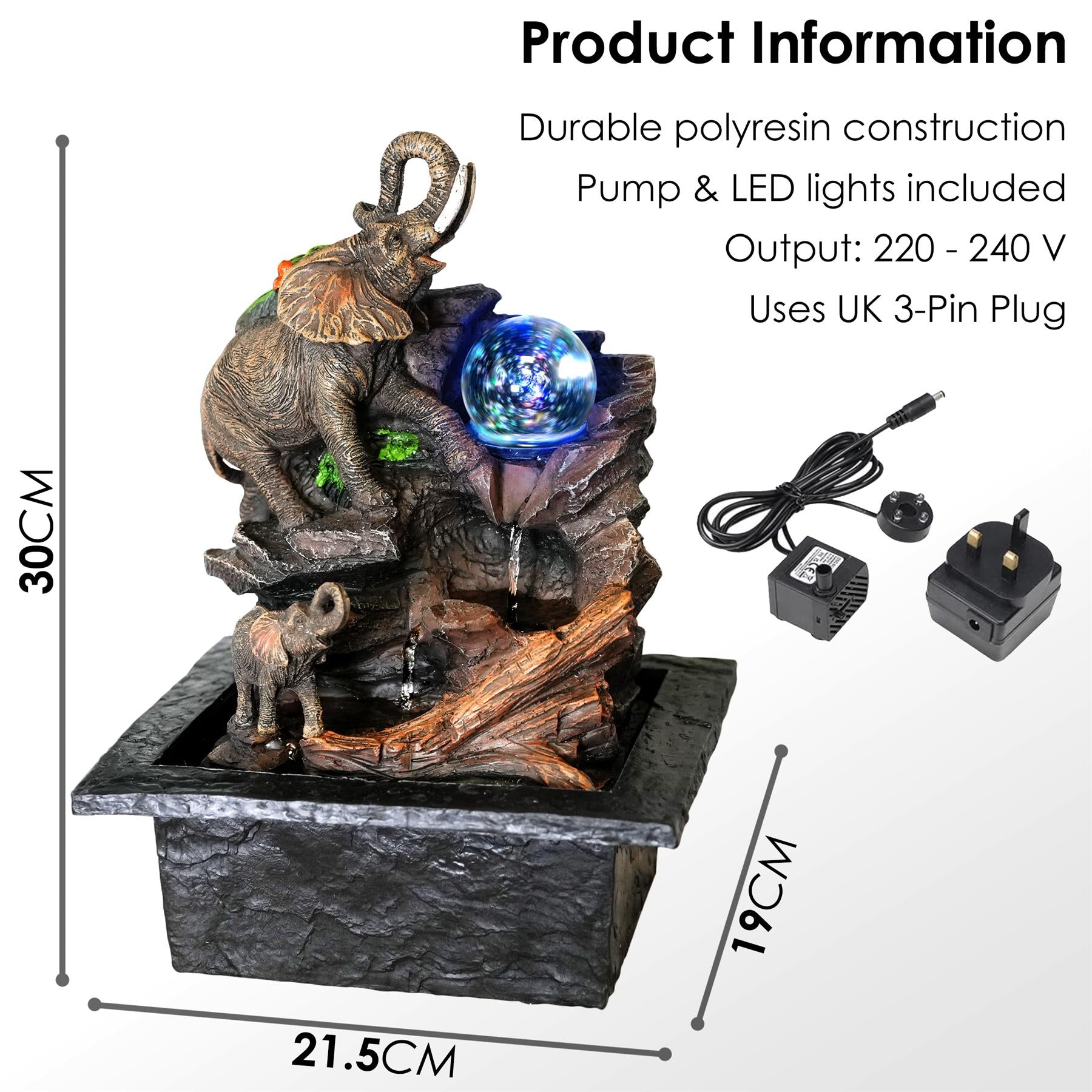 Elephant Water Feature Led Lights by GEEZY - UKBuyZone