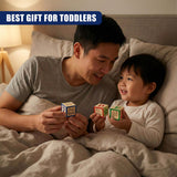 Father and daughter engage with wooden educational blocks showing ABC letters and 123 numbers.