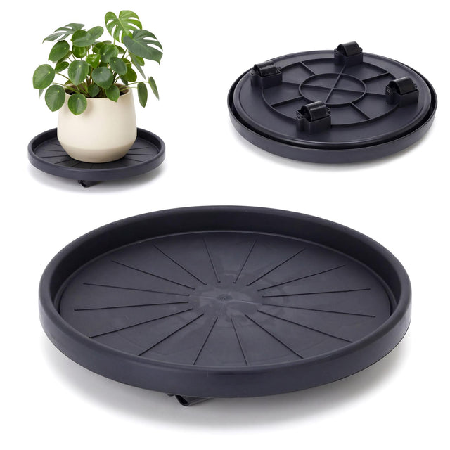 Multiple views of a dark gray, circular plant caddy featuring wheels and a modular base design.