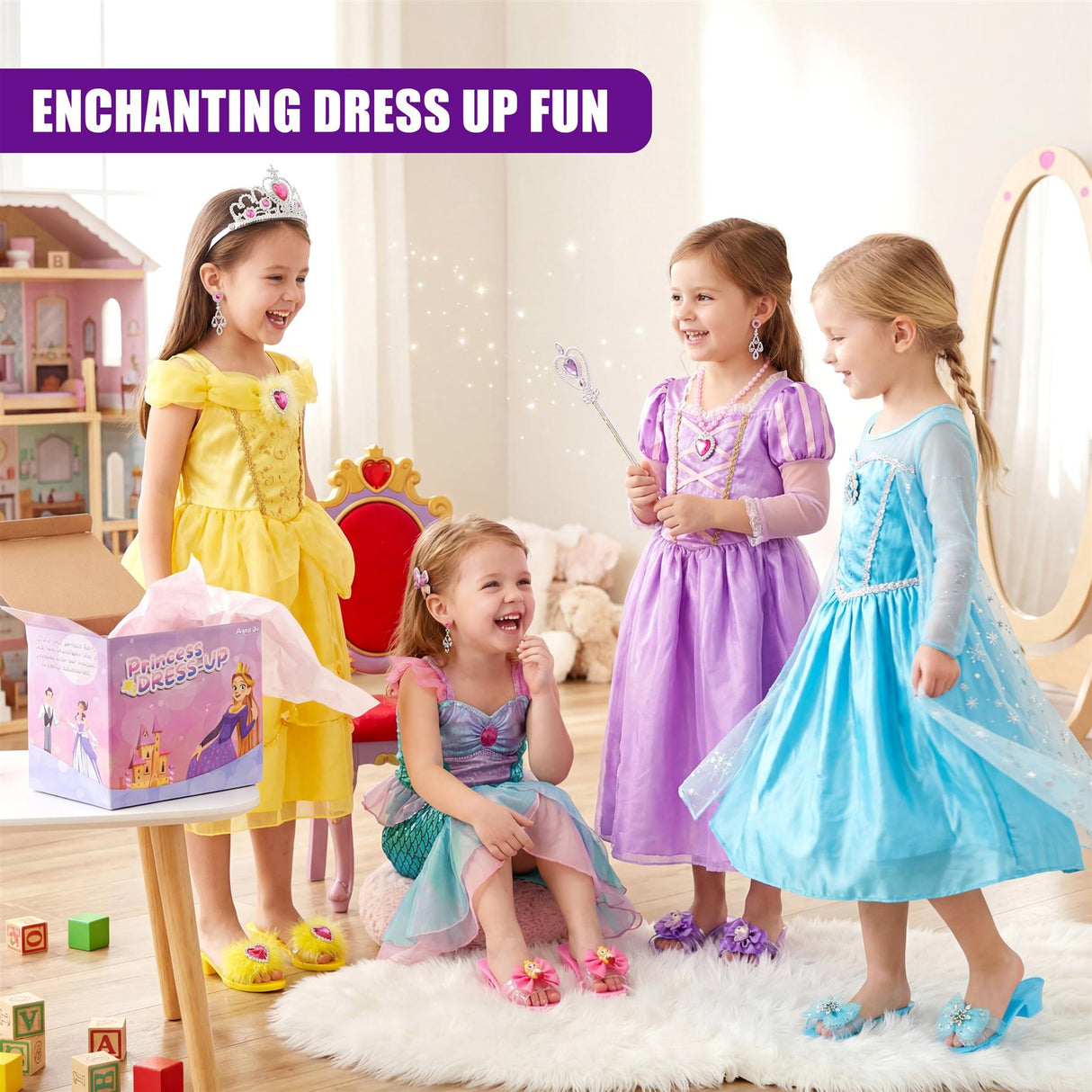Girls in gowns play with dress-up accessories, shoes, and crowns in a brightly lit room.