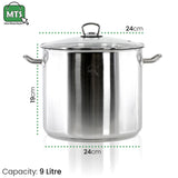 A stainless steel pot with a capacity of 9 liters, featuring a 24cm diameter and a 19cm height, with a handle on each side and a lid with a handle. - UKBuyZone