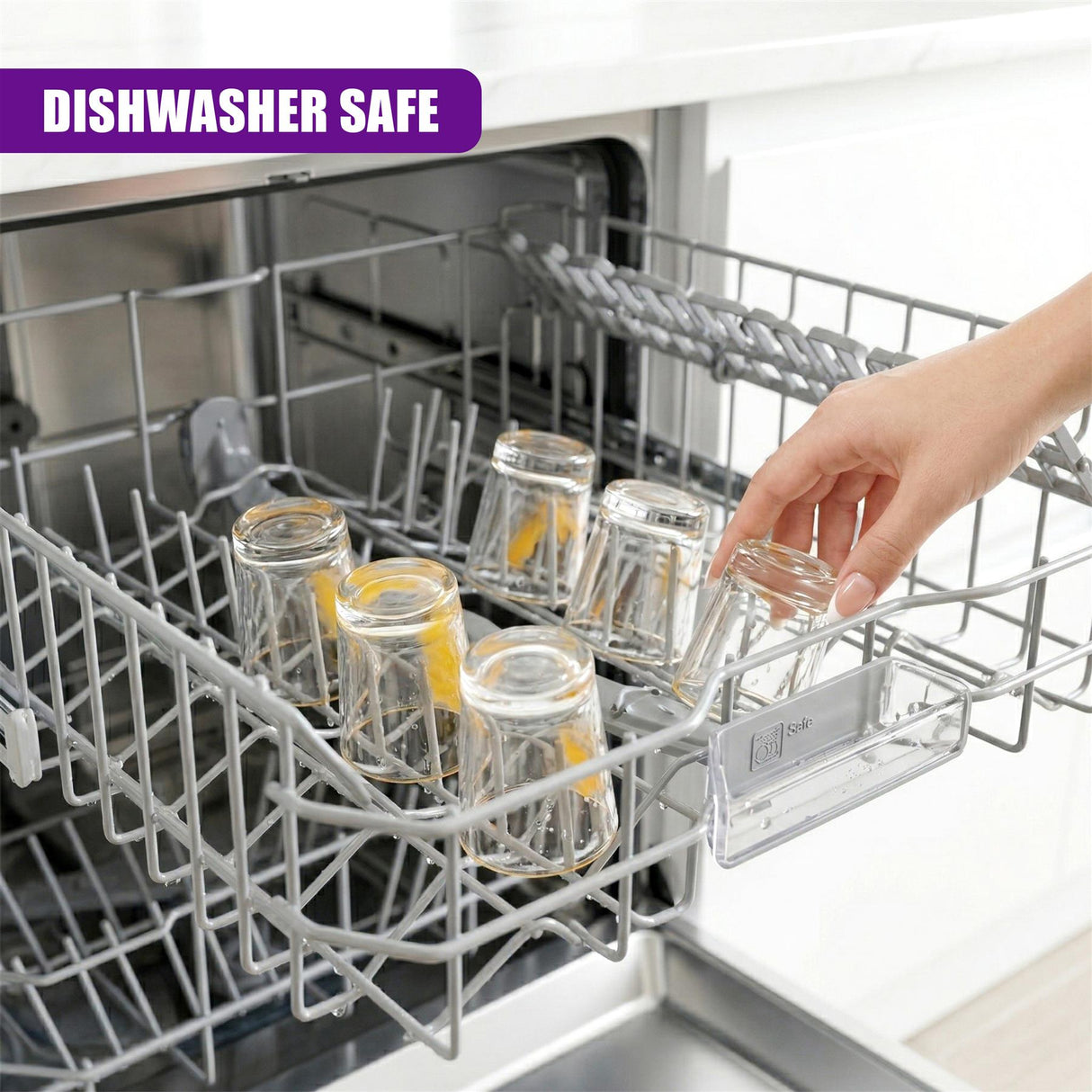 A hand reaches into a metal rack containing multiple small clear dessert and shot glasses.