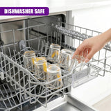 A hand reaches into a metal rack containing multiple small clear dessert and shot glasses.