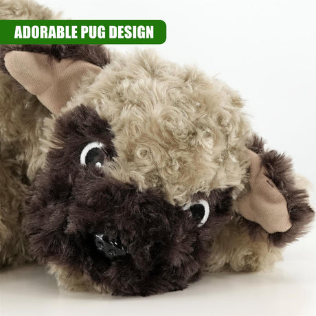 Fluffy brown pug dog novelty draught excluder with light beige inner ear sections.