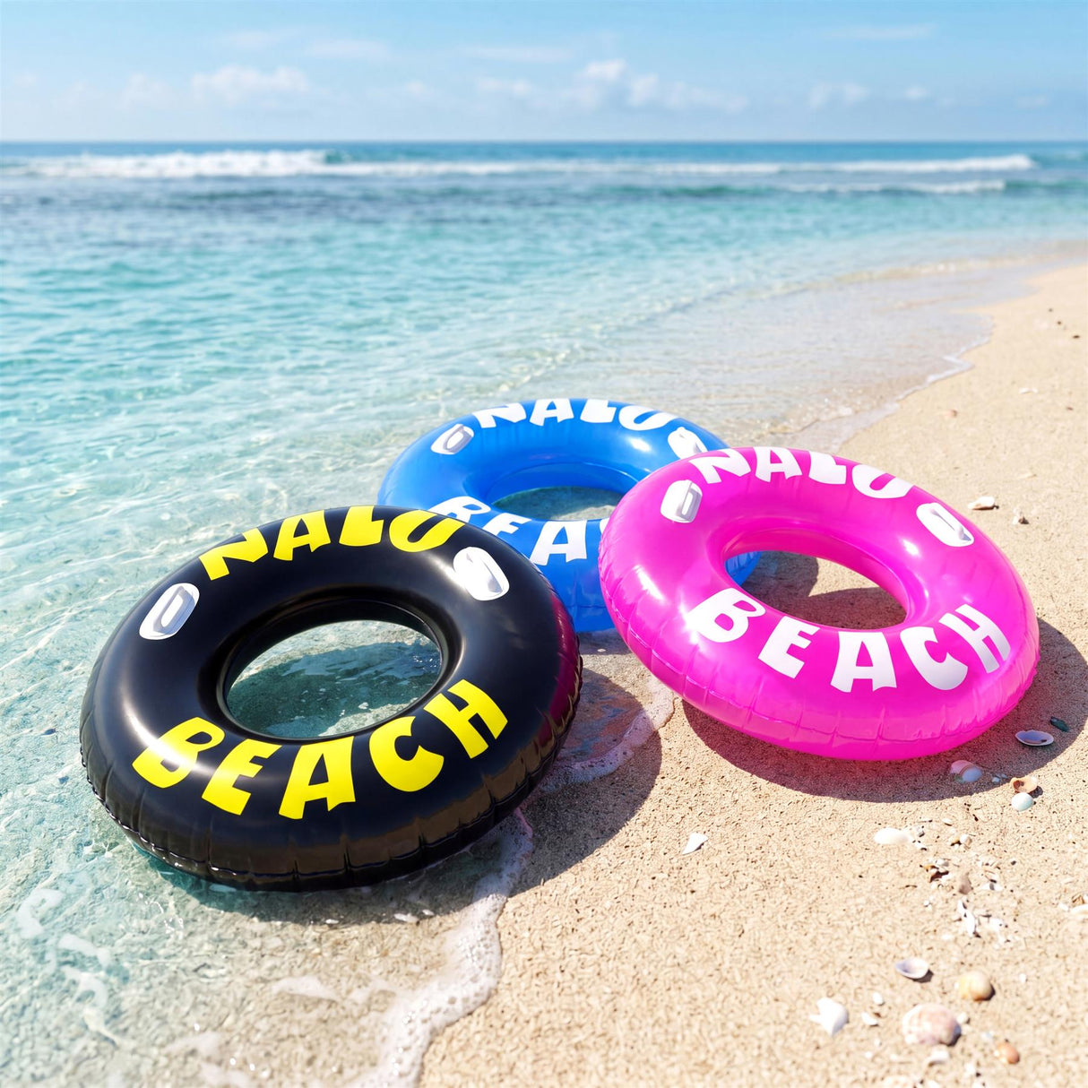 Three inflatable beach tire rings—black, blue, and pink—labeled with the word BEACH.