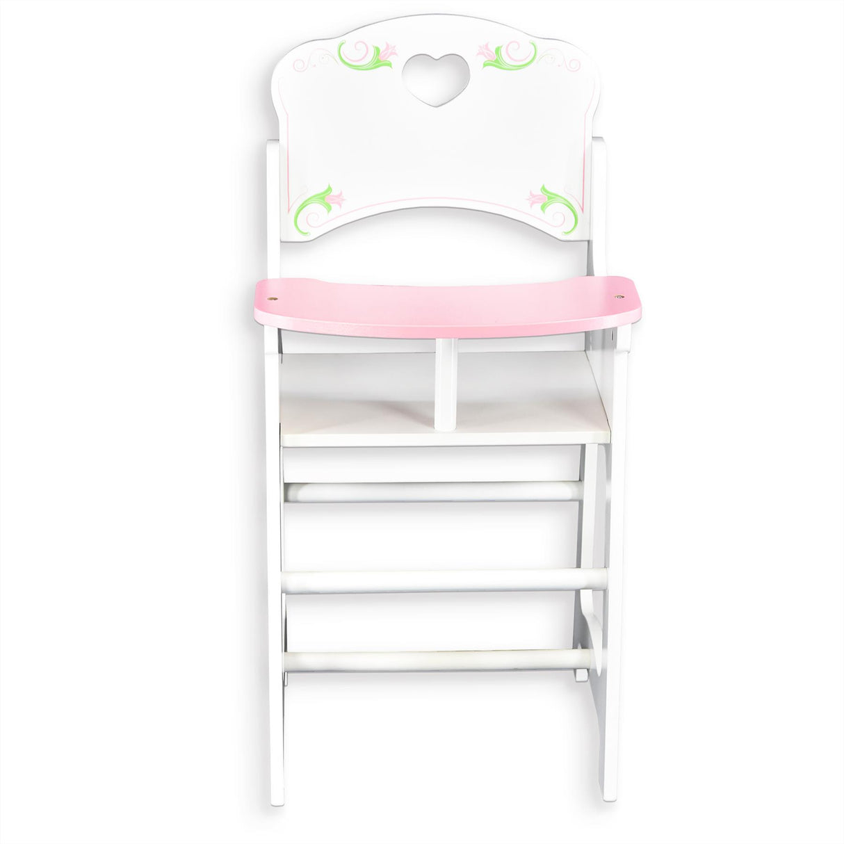 Small, white high chair with a pink seat. It has four wooden steps and safety features like railings on the sides. - UKBuyZone