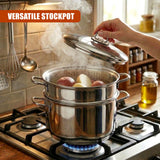 Stainless steel stockpot on lit gas stove, steaming pasta ingredients and ladle.