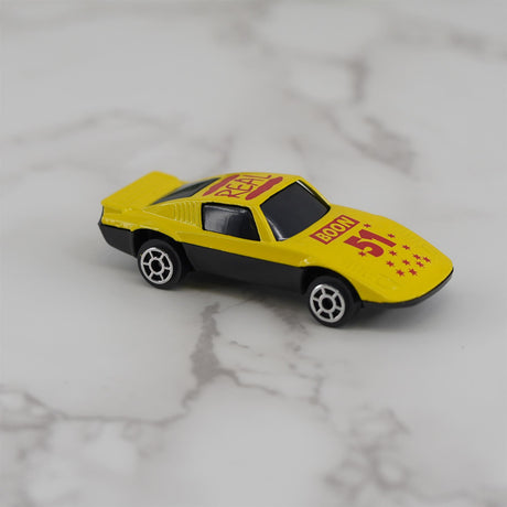 Yellow toy car with a racing design.