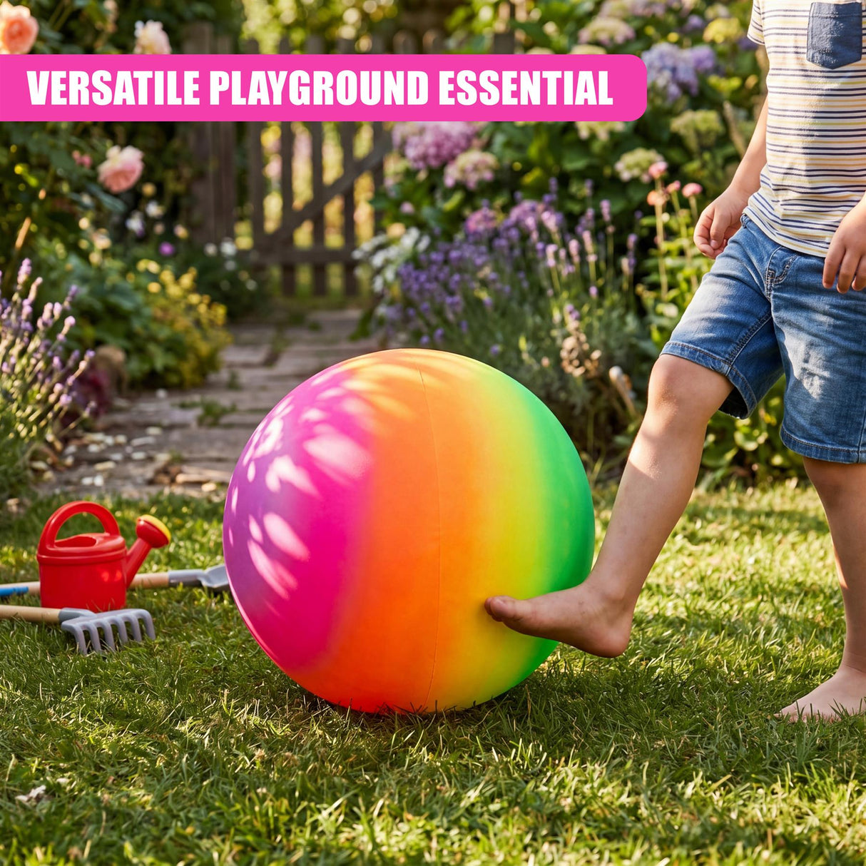 A person reaches toward a brightly colored rainbow ball resting on green grass.
