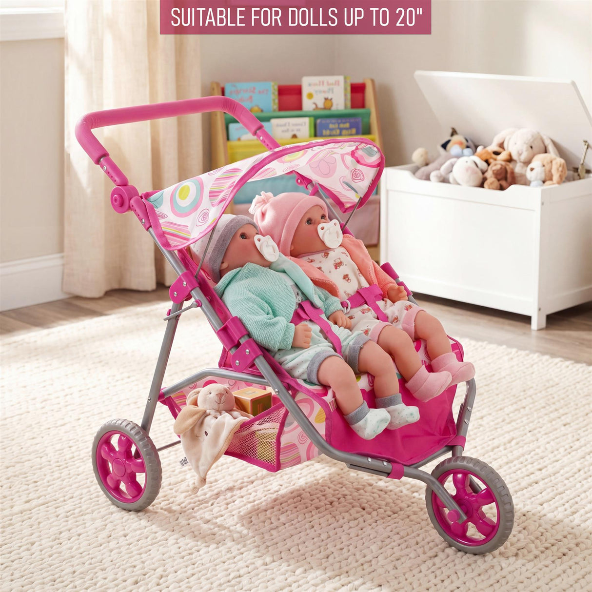 3 Wheeler Twin Doll's Pushchair, Pink