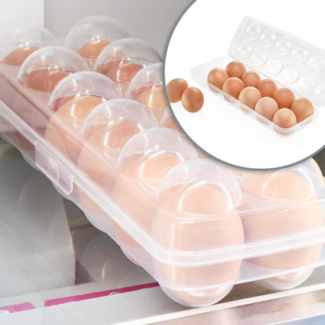 A tray of a dozen eggs in packaging with lid.