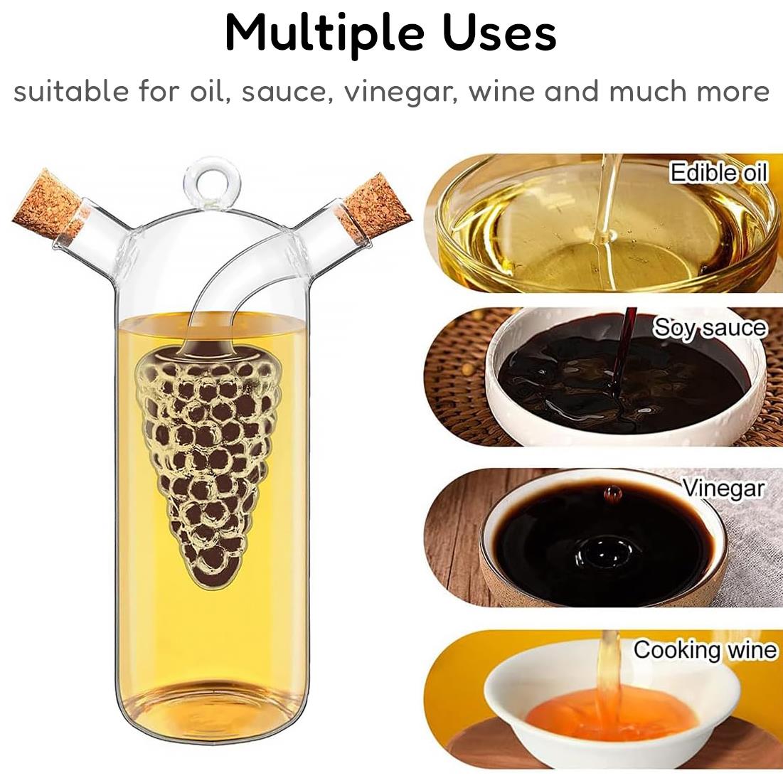 A glass oil and vinegar dispenser featuring a unique grape design inside, with two cork-topped openings for pouring. The image showcases various uses for the dispenser, including edible oil, soy sauce, vinegar, and cooking wine. Text above the dispenser reads "Multiple Uses" and mentions suitability for oil, sauce, vinegar, wine, and more. Available at ukbuyzone.